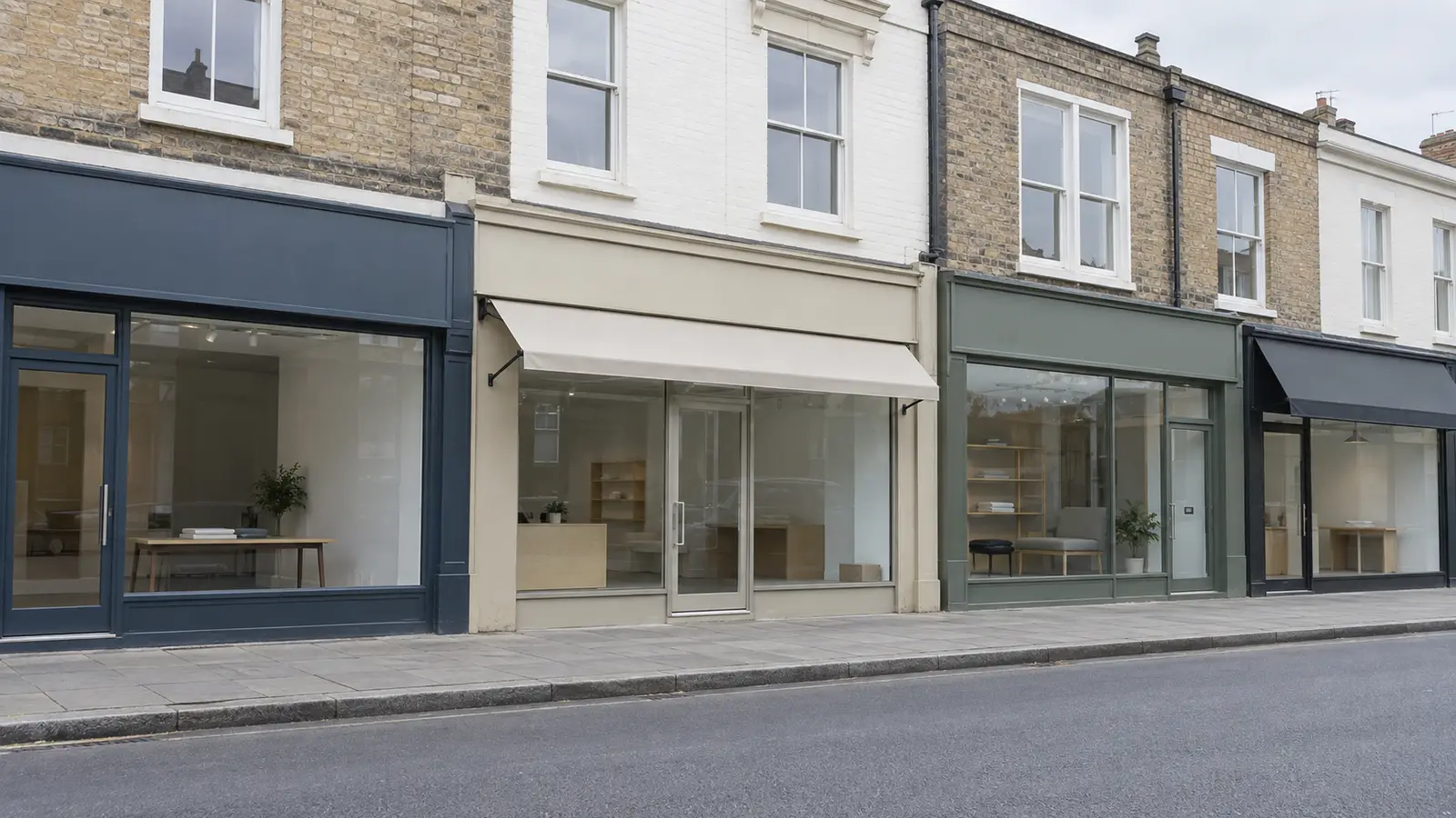 A row of small shopfronts and offices on a Scottish high street on a bright, overcast morning