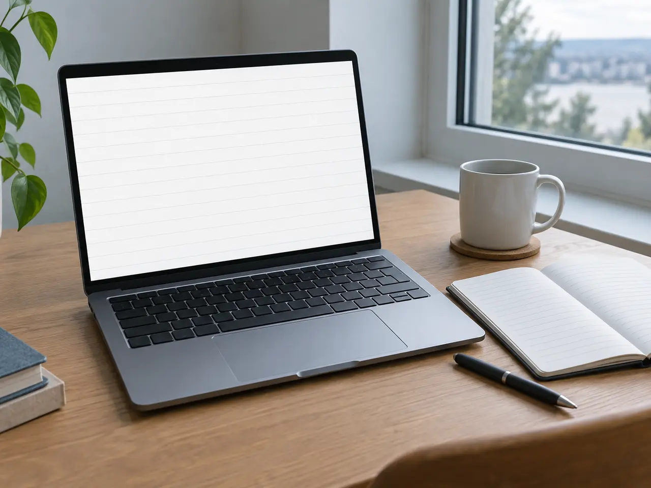 A desk with a laptop open on a spreadsheet of search terms, a notebook and a mug beside it, by a window in daylight